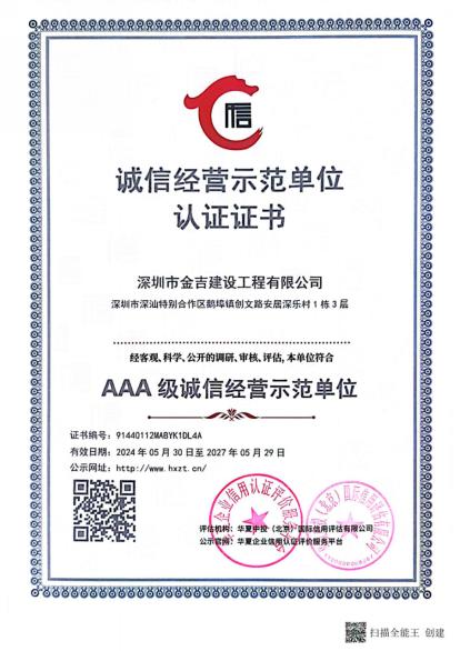 诚信经营示范单位认证证书